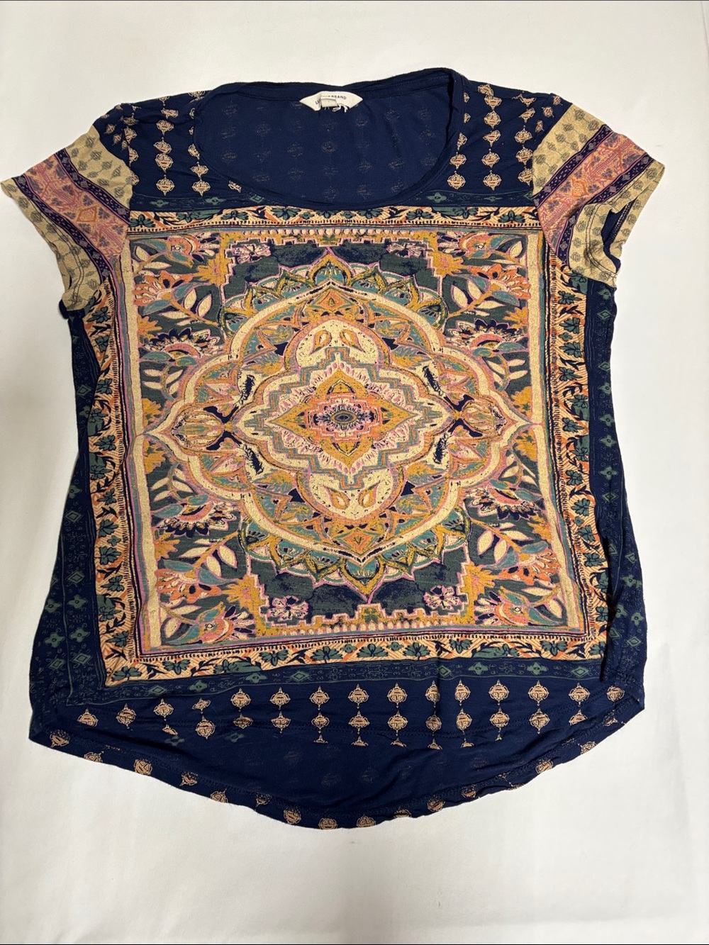 Lucky Brand Women’s M Navy Mandala Paisley Boho 100% Viscose Tee